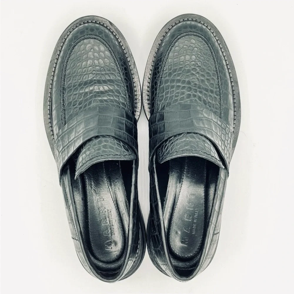 Marni Teal Croc-Effect Embossed Leather Platform Loafers | Lug Sole EU 38 / US 8 - Picture 6 of 11
